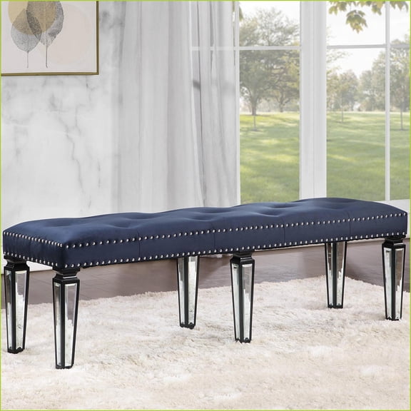 Accent Bench, Navy Blue Velvet Tufted with Mirrored Legs, for Living Room Entryway | Navy | Velvet