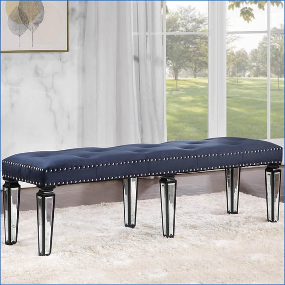 Accent Bench, Classic Tufted Navy Blue Velvet | Mirrored Legs | Living Room Bedroom | Navy | Velvet