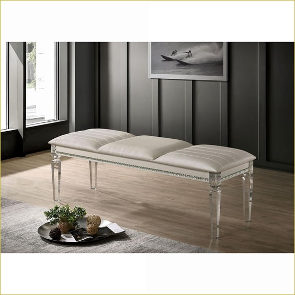 Accent Bench Contemporary Pearl White Solid Wood for Bedroom Entryway | Crystal Mirror Accents | Antique White | Rubberwood