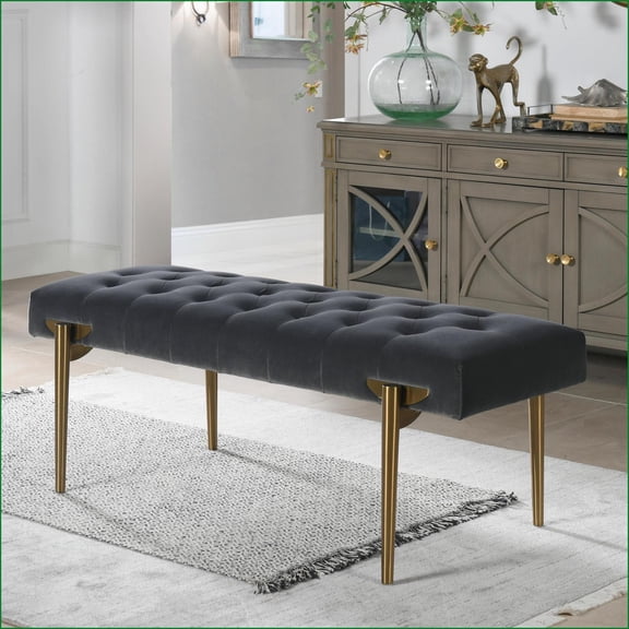 Accent Bench, Glam Slate Gray Performance Velvet Hand-Tufted Birchwood Frame for Living Room Entryway | Velvet | Gray