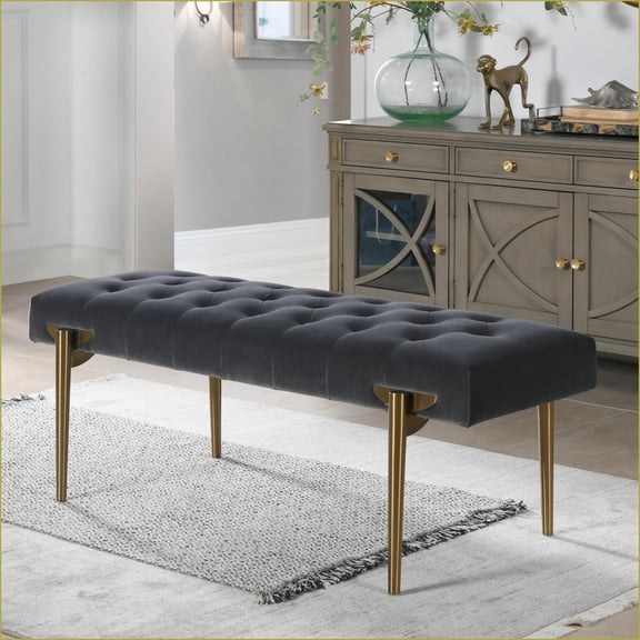 Accent Bench, Glam Slate Gray Performance Velvet Solid Birchwood Frame with Satin Gold Legs for Living Room | Gray | Velvet