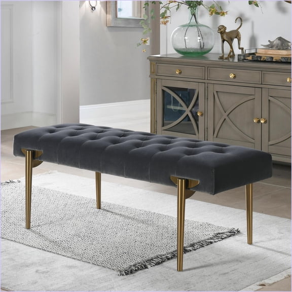 Accent Bench, Glam Slate Gray Performance Velvet with Kiln-Dried Birchwood Frame & Satin Gold Legs | Gray | Velvet