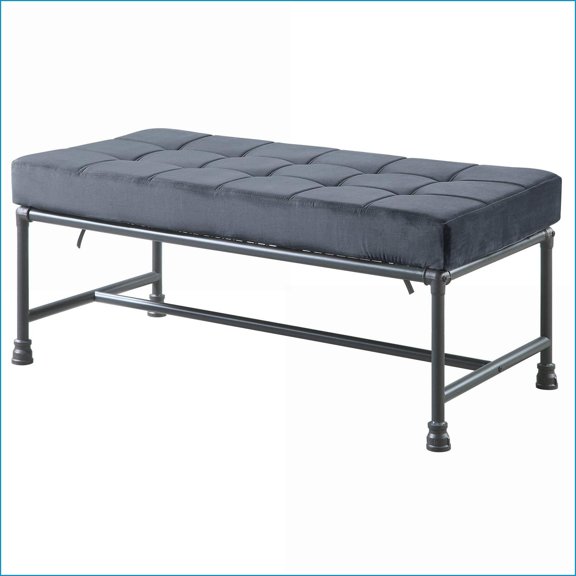 Accent Bench | Industrial Button-Tufted Grey Velvet | Sandy Grey Finish | Grey | Velvet
