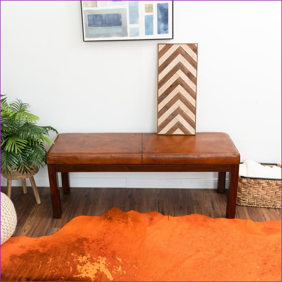 Accent Bench for Living Room/Entryway, Mid-Century Modern Antique Tan Genuine Leather Solid Wood | Tan | Genuine Leather