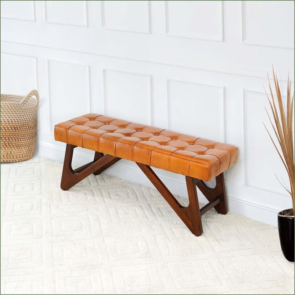 Accent Bench Mid-Century Modern Tan Brown Leather Button Tufted Solid Wood 47.2"W for Living Room Entryway | Leather | Brown