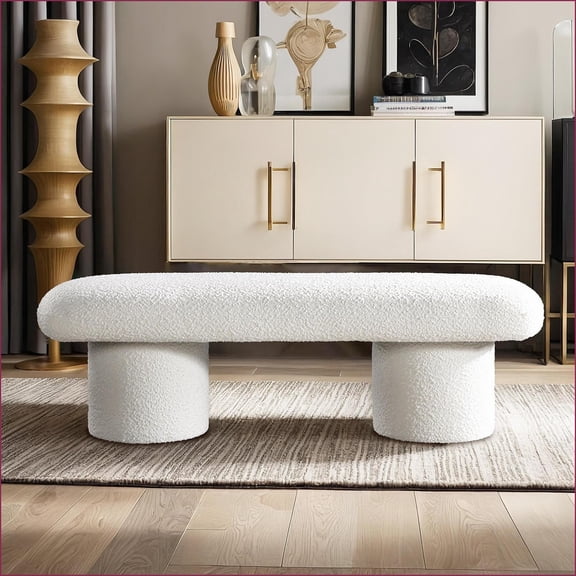Accent Bench, Modern Minimalist Solid Wood Frame, Ivory Boucle for Living Room | Ivory | Boucle