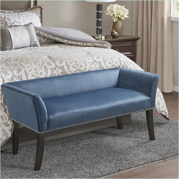 Accent Bench, Modern Solid Wood Frame with Silver Nailhead Trim | Blue | Polyester