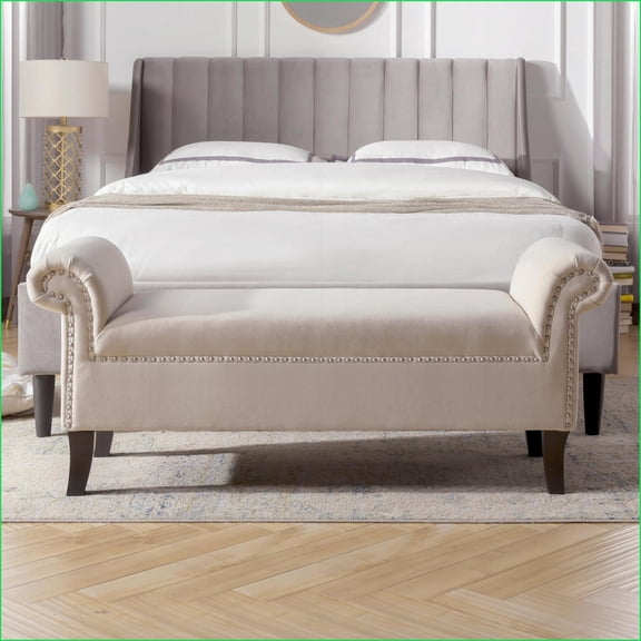 Accent Bench, Roll Arm Entryway Seat with Solid Hardwood Frame, Sky Neutral Beige | Beige | Polyester