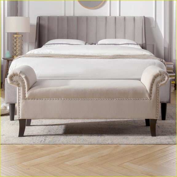 Accent Bench, Roll Arm Entryway with Solid Hardwood Frame | Sky Neutral Beige | Polyester