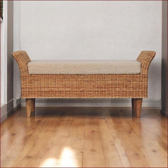 Accent Bench, Rustic-Contemporary Solid Wood Rattan with Cream Boucle Seat | Entryway/Bedroom/Living Room | Tan Brown | Boucle