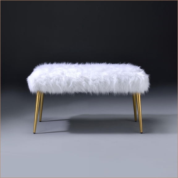Accent Bench, Sleek Contemporary Ivory Faux Fur with Gold Legs for Living Room/Bedroom | White+Gold | Faux Fur