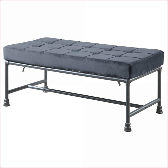 Accent Bench for Entryway/Living Room, Industrial Slate Gray Velvet Tufted with Sandy Grey Metal Legs | Slate Gray | Velvet