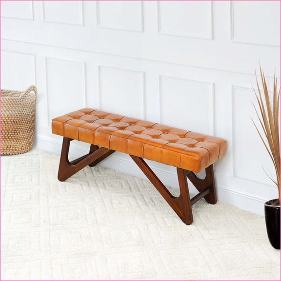 Accent Bench, Mid-Century Modern Tan Brown Leather with Buttons, Solid Wood Frame 47.2W x 18.9H x 15.7D | Leather | Foot Stools