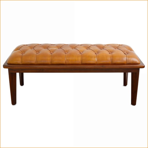 Accent Bench for Living Room Entryway, Mid-Century Modern Tan Brown Leather with Button Tufting | Tan | Leather