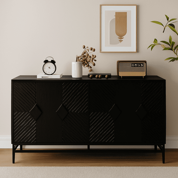 Accent Black Lacquered 4 Door Wooden Cabinet Sideboard Buffet Server Cabinet Storage Cabinet, for Living Room, Entryway, Hallway, Office, Kitchen and Dining Room