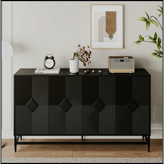 Accent Black Lacquered 4 Door Wooden Cabinet Sideboard Buffet Server Cabinet Storage Cabinet