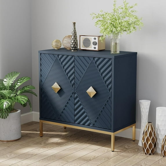 Accent Cabinet with 2 Doors, Blue Sideboard Buffet Cabinet with Storage, Decorative Wood Carved Modern Credenza Storage Cabinet for Living Room, Entryway
