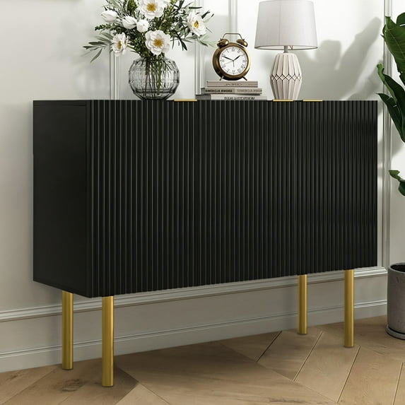 Accent Cabinet with 3 Doors, Atumon Buffet Cabinet with Gold Metal Legs and Adjustable Shelves, Modern Accent Cabinet, Heavy Duty Storage Cabinet Furniture for Kitchen Dining Room Living Room, Black