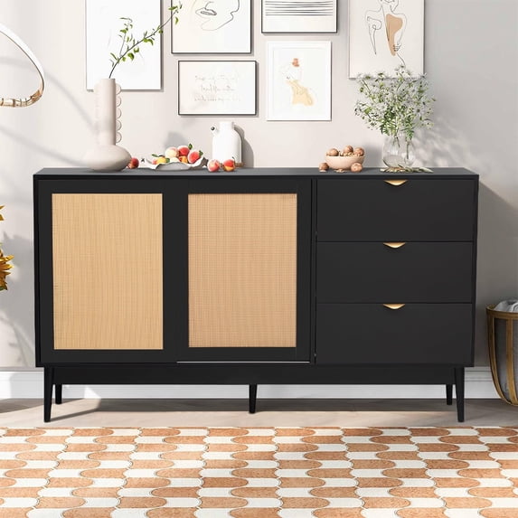 Accent Cabinet with 4 Glass Doors, Atumon Buffet Cabinet, Storage Cabinet with Adjustable Shelves, Modern Accent Cabinet Furniture for Corridor Entryway Living Room Dining Room, Black