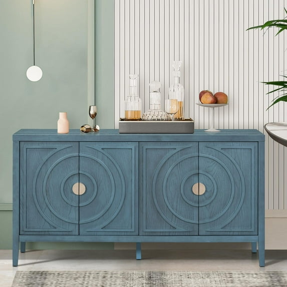 Accent Cabinet with 4 Circular Groove Doors, TUANLUO Storage Cabinet, Retro Buffet Sideboard with Adjustable Shelves, Accent Cabinet Furniture for Living Room Kitchen Dining Room, Blue