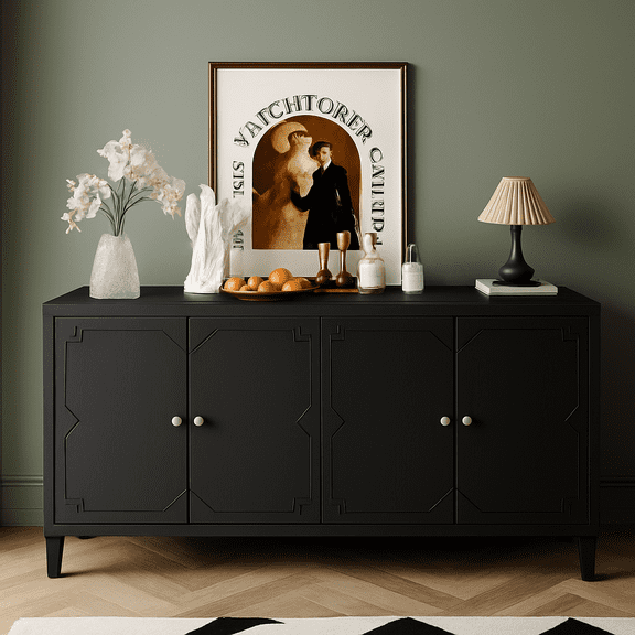 Accent Cabinet 4 Door Wooden Cabinet Sideboard Buffet Server Cabinet Storage Cabinet, for Living Room, Entryway, Hallway, Office, Kitchen and Dining Room, Matte Blac