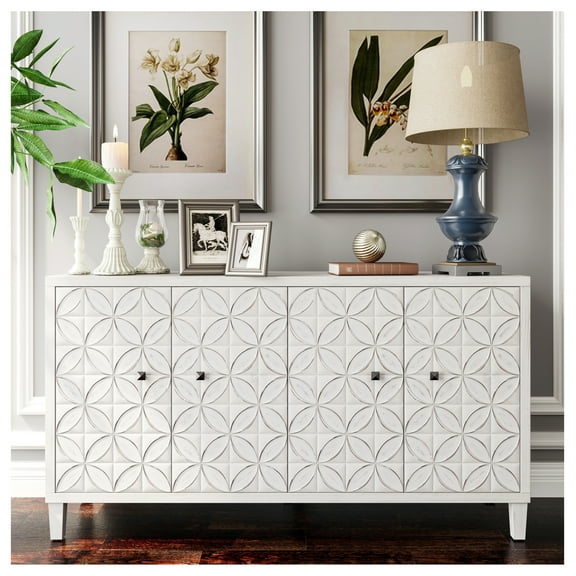 Accent Cabinet 4 Door Wooden Cabinet Sideboard Buffet Server Cabinet Storage Cabinet, for Living Room, Entryway, Hallway, Office, Kitchen and Dining Room, White Wash White Washed + Solid Wood+MDF
