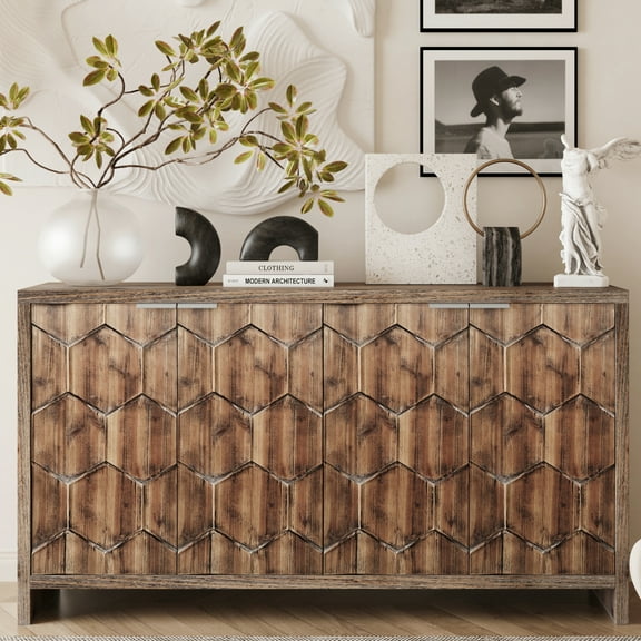 Accent Cabinet 4 Door Wooden Sideboard Buffet Server. Antique Natural Wood. Adjustable Shelves. And Fir Art , Rustic, Shabby Chic. Kitchen, Office. 60.09 In. Depth, 16.08 Width, 31.63 Height, 88.73