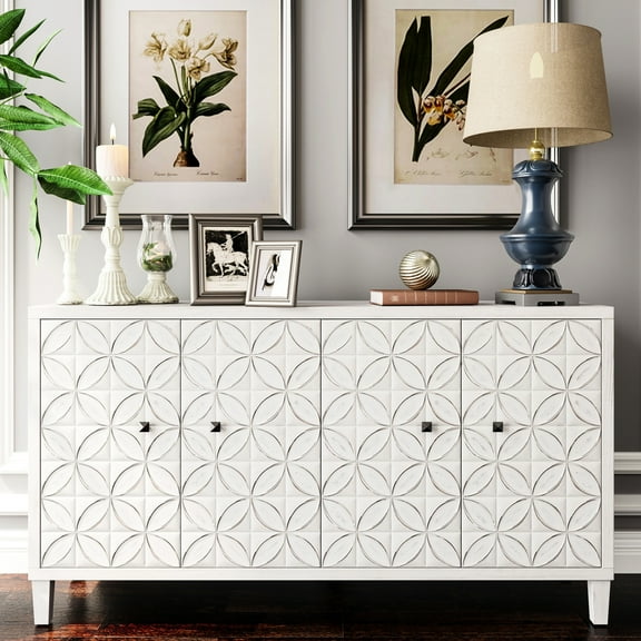 Accent Cabinet 4 Door Wooden Sideboard, Buffet Server Storage In White Wash. For Multiple Spaces Such As Living Room, Entryway, Hallway, Office, Kitchen And Dining. Adjustable Shelves. Stable. Easy