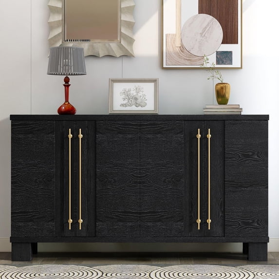 Accent Cabinet with 4 Doors, Modern Storage Cabinet Furniture, Wood Buffet Sideboard with Adjustable Shelves and Gold Handles, TUANLUO Accent Cabinet for Kitchen Living Room Entryway Hallway, Black