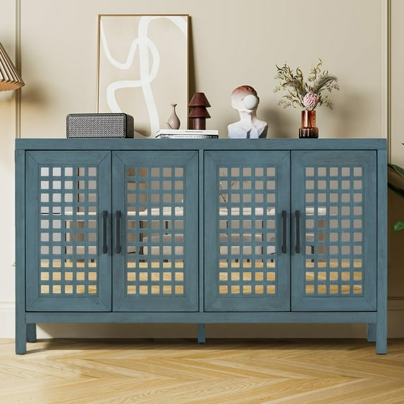 Mirrored Accent Cabinet, Atumon Buffet Cabinet with 4 Mirrored Doors, Mirrored Sideboard Buffet with Adjustable Shelves, Heavy Duty Wood Storage Cabinet for Kitchen Dining Room Living Room, Blue