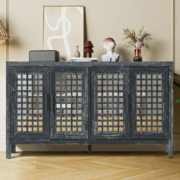 Mirrored Accent Cabinet, Atumon Buffet Cabinet with 4 Mirrored Doors, Mirrored Sideboard Buffet with Adjustable Shelves, Heavy Duty Wood Storage Cabinet for Kitchen Dining Room Living Room, Black