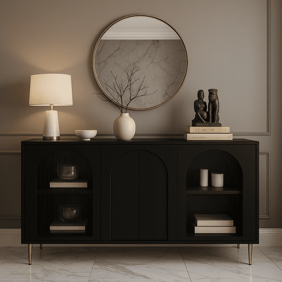 Accent Cabinet Black Lacquered Wooden Cabinet with 4 Glass Doors Sideboard Buffet Server Cabinet Storage Cabinet, for Living Room, Entryway, Hallway, Office, Kitchen and Dining Room