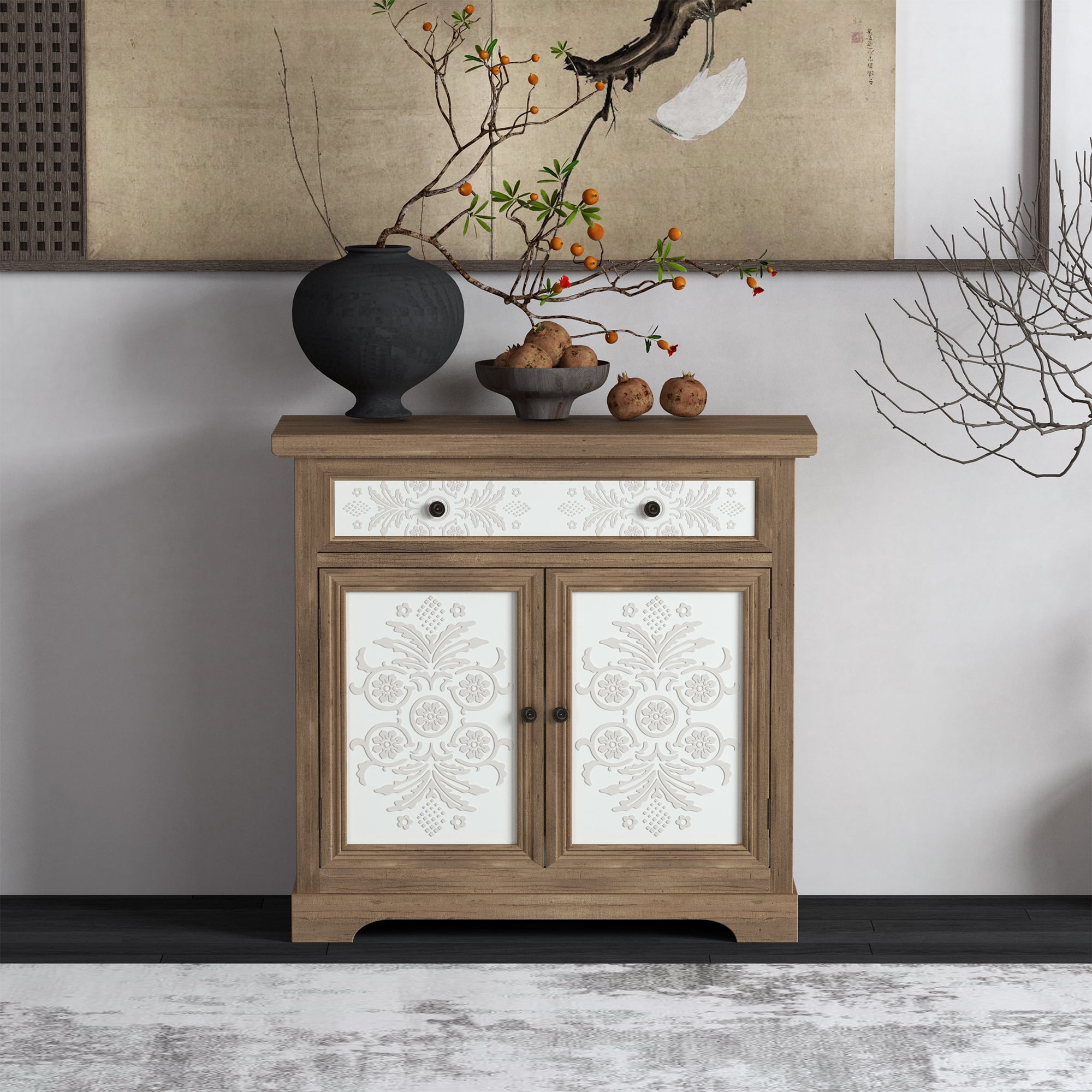 TrumanPick Rustic Vintage Accent Sideboard with Carved Floral Doors, Distressed Wood Storage Cabinet with Drawer, 2-Shelf Farmhouse Organizer for Living Room, Entryway