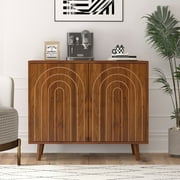 Accent Cabinet with Carving Lines, Modern Buffet Sideboard with Adjustable Shelves, Decorative Storage Cabinets for Bedroom Living Room Kitchen Office Entryway and Hallway, Walnut
