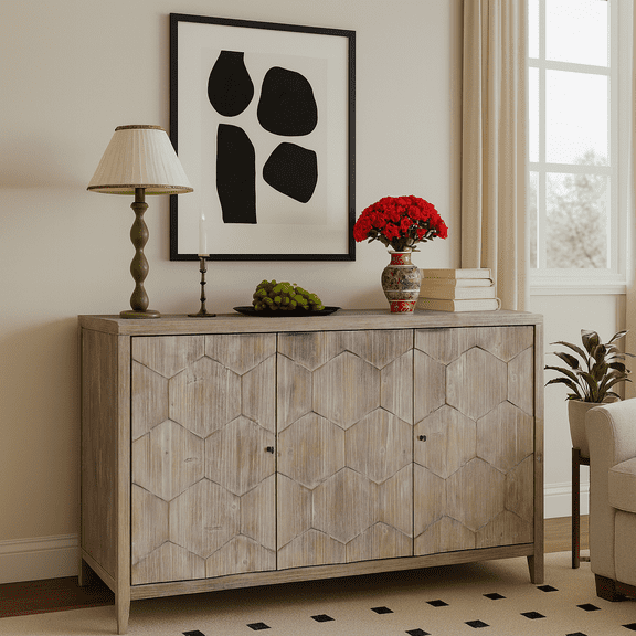 Accent Cabinet Farmhouse Style 3 Door Wooden Cabinet Sideboard Buffet Server Cabinet Storage Cabinet, for Living Room, Entryway, Hallway, Office, Kitchen and Dining Room, Natural Wood Wash