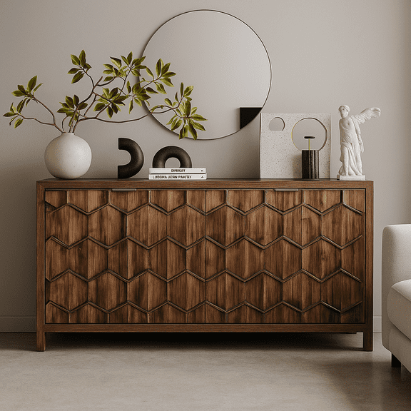 Accent Cabinet Farmhouse Style 4 Door Wooden Cabinet Sideboard Buffet Server Cabinet Storage Cabinet, for Living Room, Entryway, Hallway, Office, Kitchen and Dining Room, Antique Natural Wood