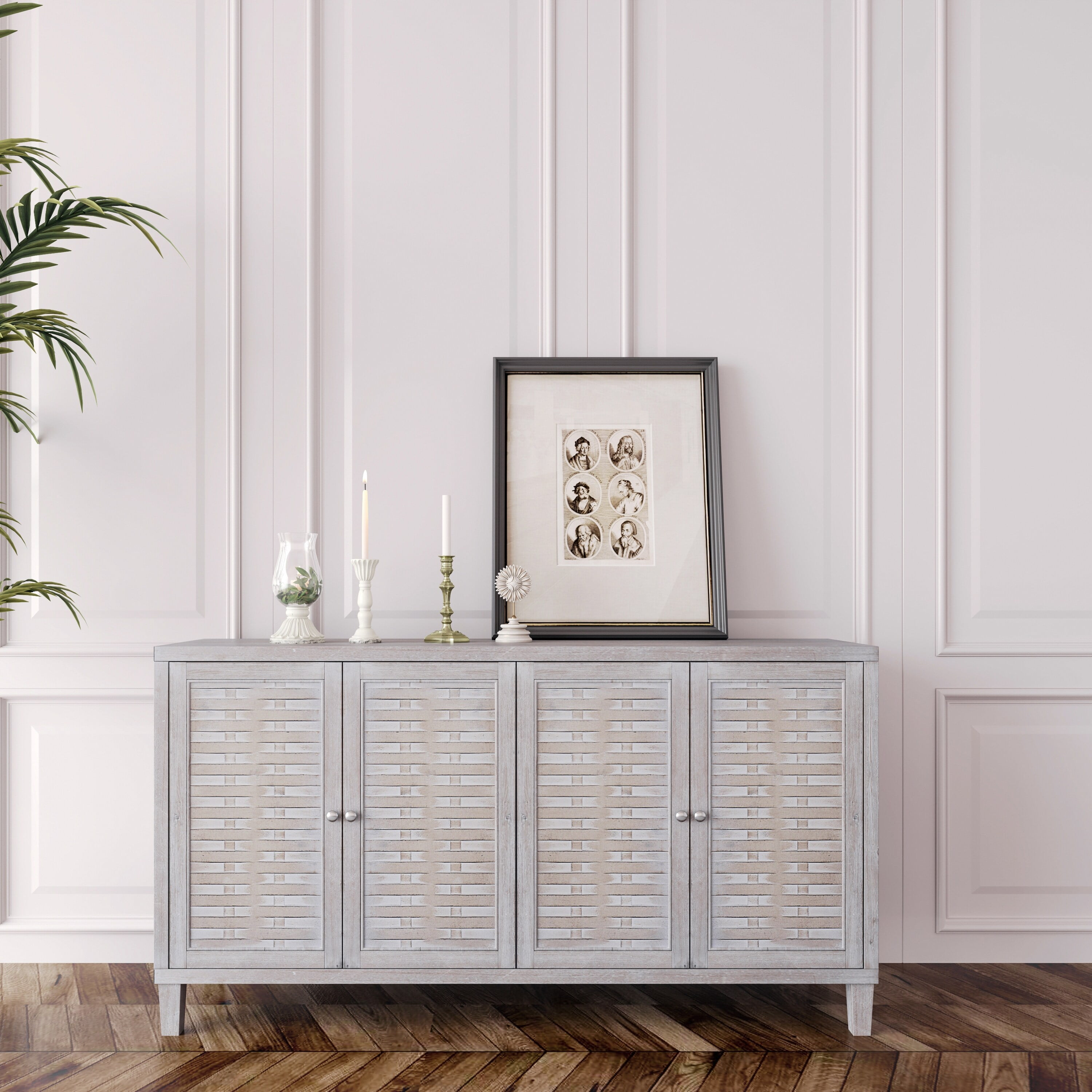 Natural Wood 4-Door Sideboard Cabinet with Woven Pattern