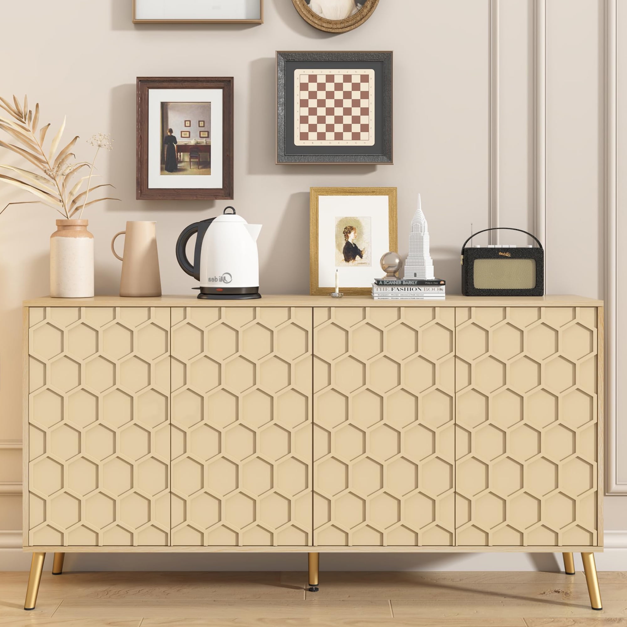 Accent Cabinet with Honeycomb Pattern 4 Door, Mid Century Modern ...