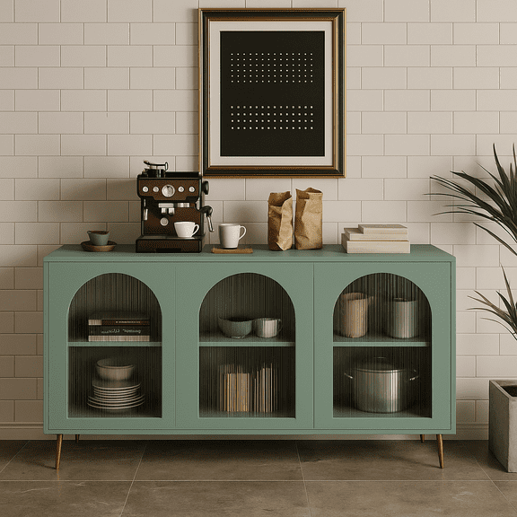 Accent Cabinet Lacquered Wooden Cabinet with 4 Glass Doors Sideboard Buffet Server Cabinet Storage Cabinet, for Living Room, Entryway, Hallway, Office, Kitchen and Dining Room, Mint Green