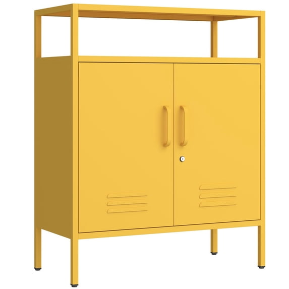 Accent Cabinet Locker, Multipurpose Storage Cabinet with Power Strip & USB Ports, Lockable 2-Door Design Glass + Metal, 3-Tier Organizer with Adjustable Shelves, for Home, Office, Blue