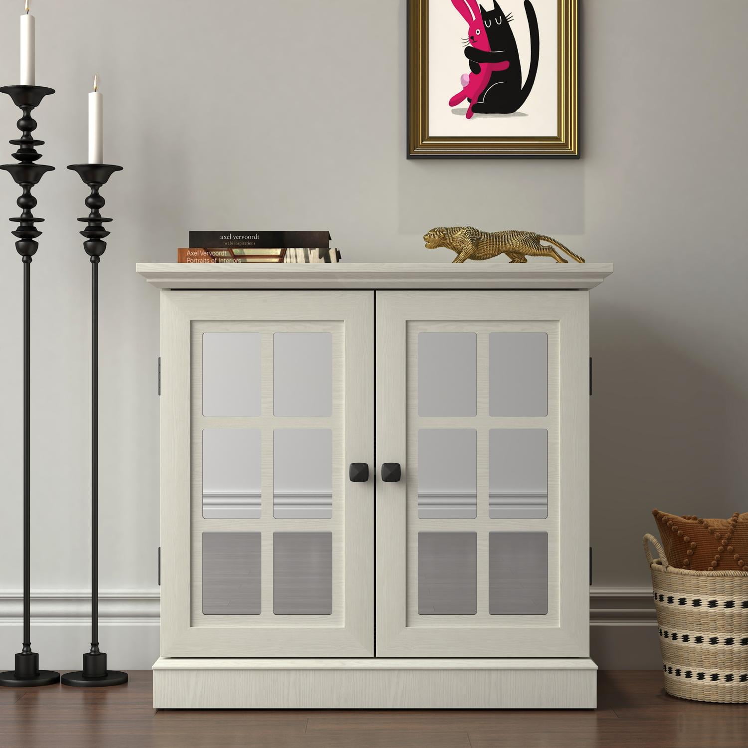 Accent Cabinet, Mirrored Sideboard&nbsp;Storage with Decorative Doors, Anti-Tip Strings, White MDF 3D Wood Grain, 30.75 Inch W