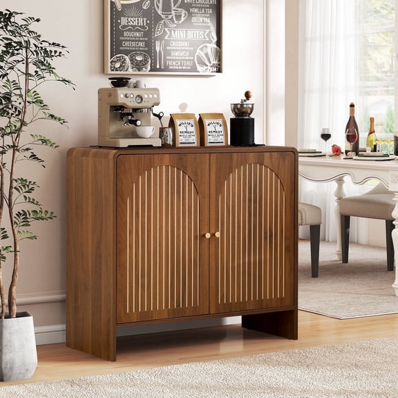 Accent Cabinet with Printed Arched Line Pattern, Modern Buffet Sideboard with Adjustable Shelves, Decorative Storage Cabinets for Bedroom Living Room Kitchen Office Entryway and Hallway, Walnut