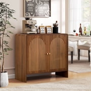 Accent Cabinet with Printed Arched Line Pattern, Modern Buffet Sideboard with Adjustable Shelves, Decorative Storage Cabinets for Bedroom Living Room Kitchen Office Entryway and Hallway, Walnut