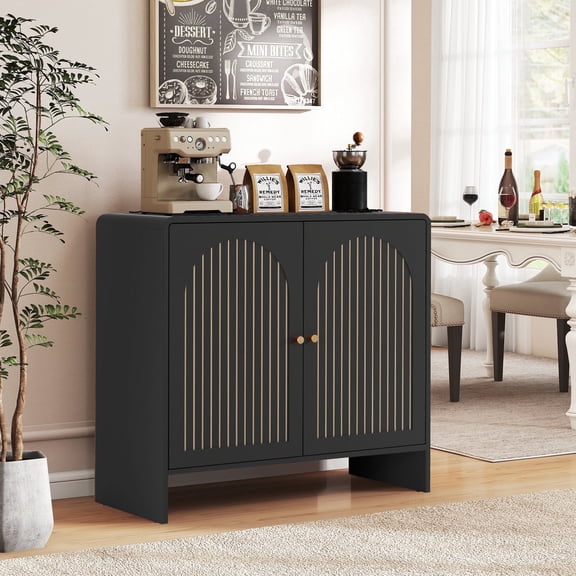 Accent Cabinet with Printed Arched Line Pattern, Modern Buffet Sideboard with Adjustable Shelves, Decorative Storage Cabinets for Bedroom Living Room Kitchen Office Entryway and Hallway, Black