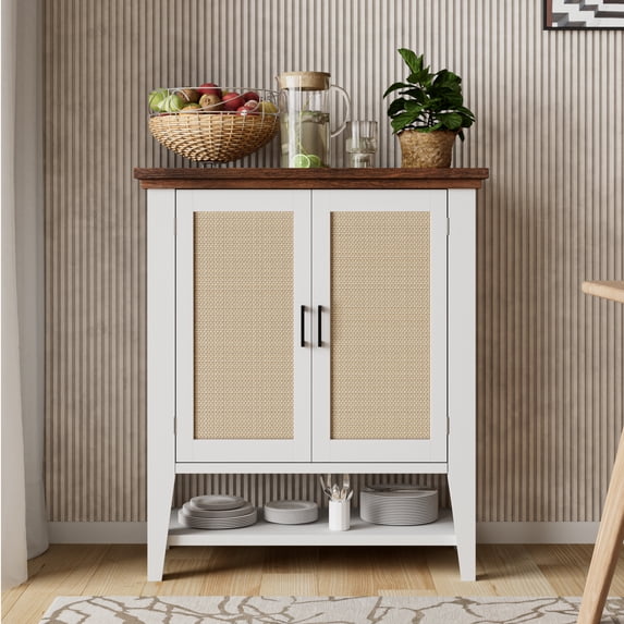 Accent Cabinet, Rattan Buffet Cabinet with Storage Sideboard, Entryway Cabinet with Doors and Shelves, Kitchen Storage Cabinet Furniture for Living Room, Dining Room, Hallway, White