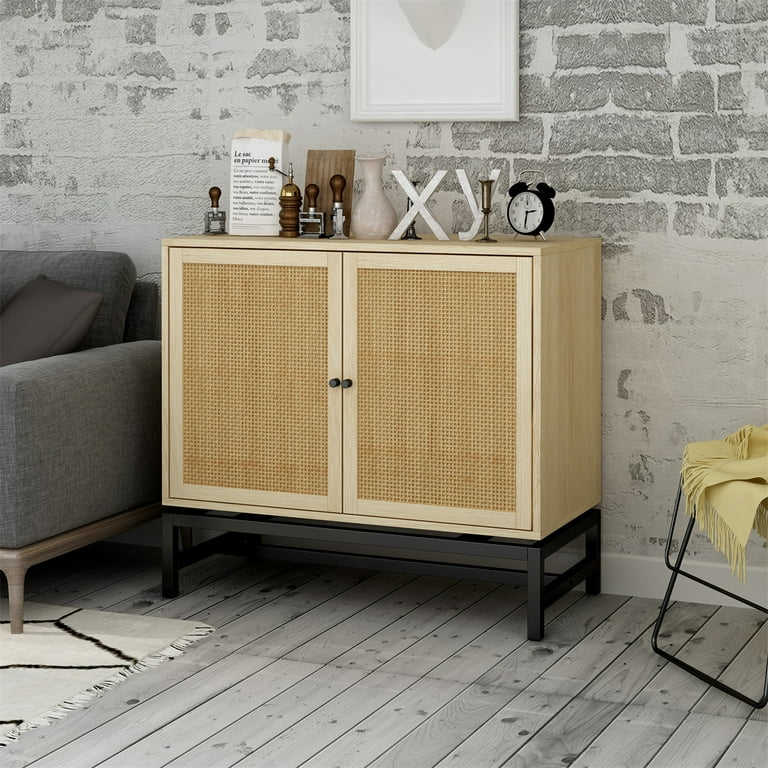 Accent Cabinet Rattan Cabinet with 2 Doors Kitchen Sideboard Buffet Cabinet with Adjustable Inner Shelf and Cane Doors Accent Storage Cabinet Cupboard