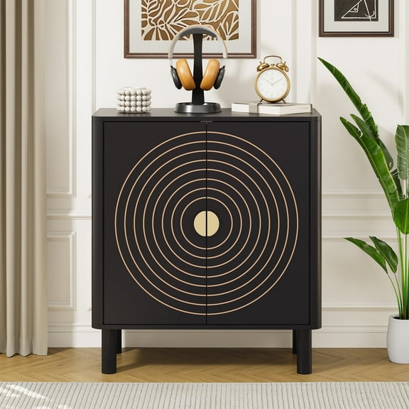 Accent Cabinet with Round Carved Line Door for Entryway Hallway, Black Sideboard Buffet Cabinet, Storage Cabinet with Adjustable Shelves for Living Room