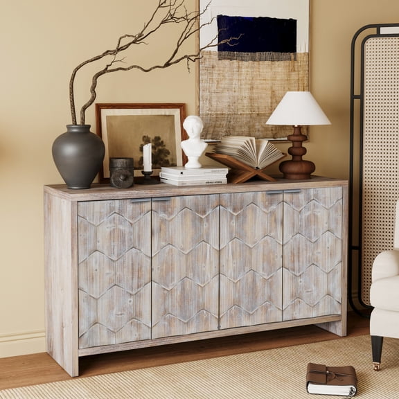 Accent Cabinet, Sideboard Buffet Cabinet With 4 Metal Handles, Adjustable Shelves, Hexagonal Pattern, Wooden Decorative Doors, Sideboard Buffet For Kitchen