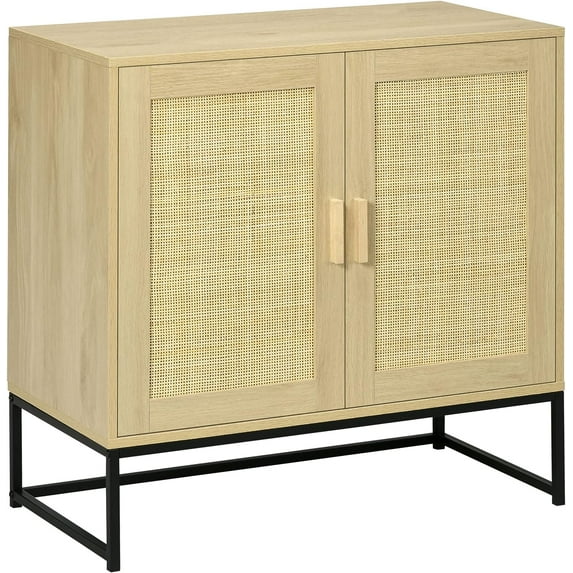 Accent Cabinet, Boho Storage Cabinet with Rattan Doors, Adjustable Shelf and Metal Base, Sideboard for Living Room, Kitchen, Natural