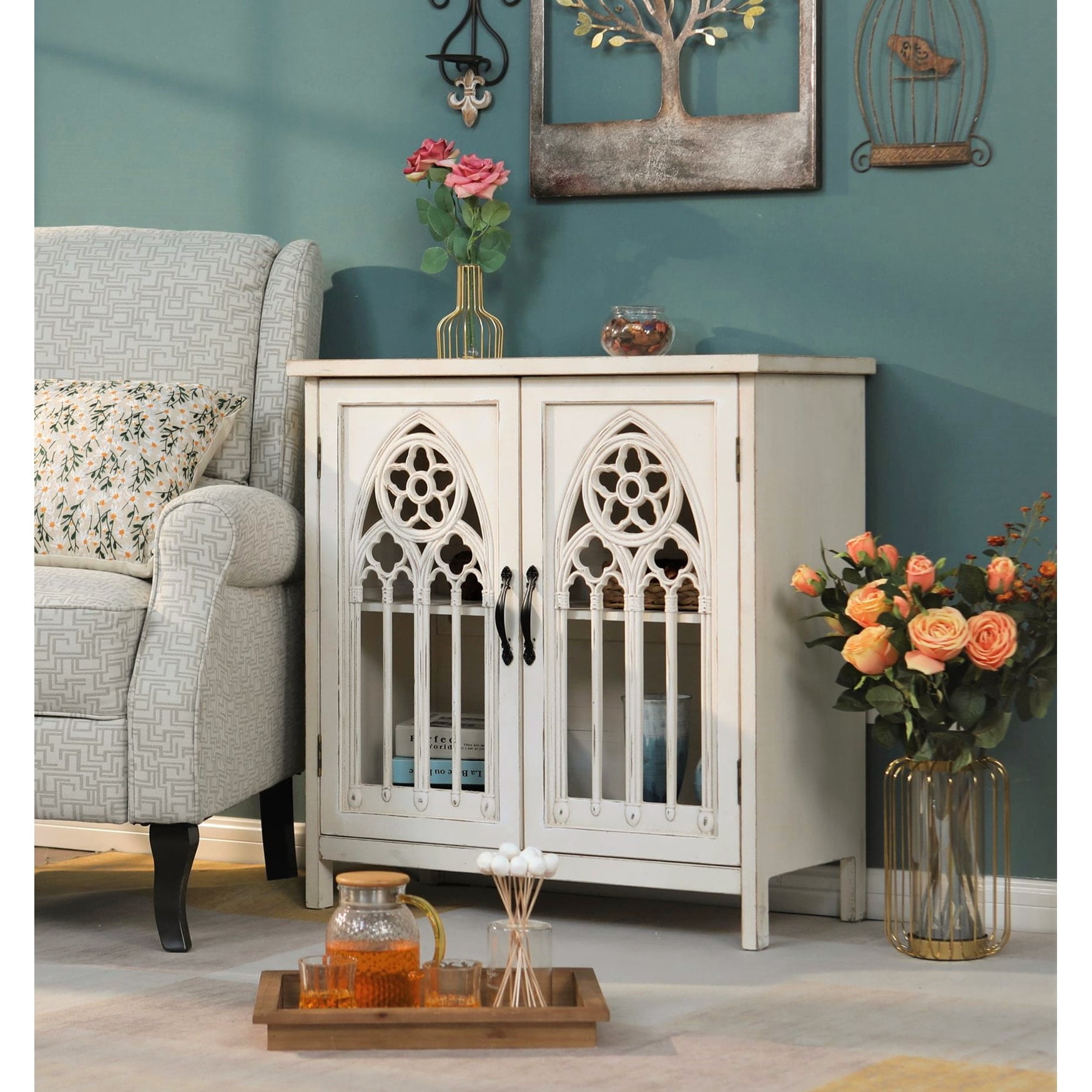 Antique White Distressed Wood Accent Cabinet with Carved Doors